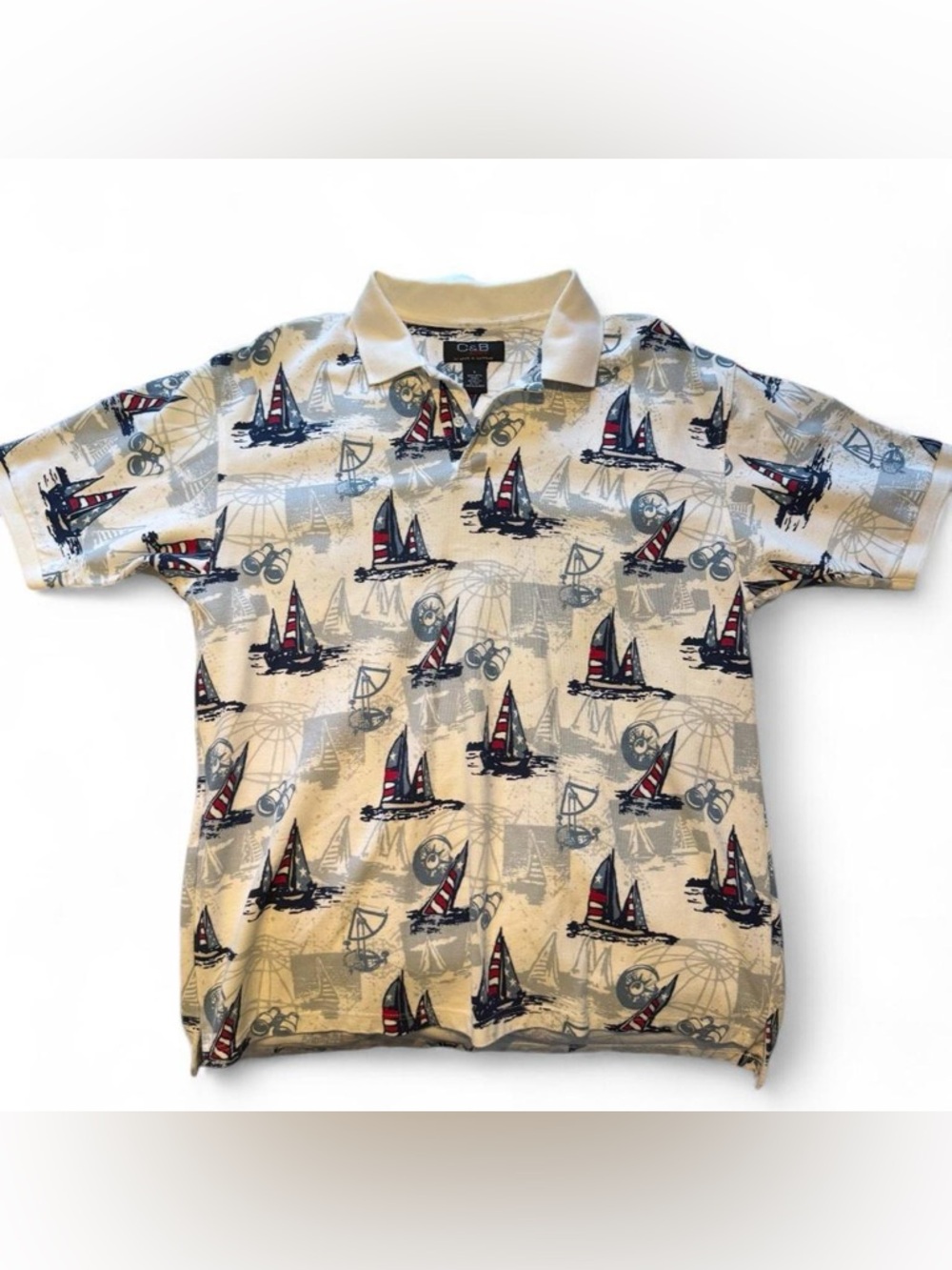 croft & barrow White Polo with Navy and Red Sailboat Print